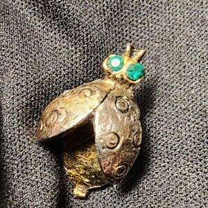 Gold Ladybug Brooch with Green Eyes